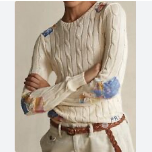 Polo milky-cream Madras & Floral Patchwork Cable-Knit 100% Cotton Sweater